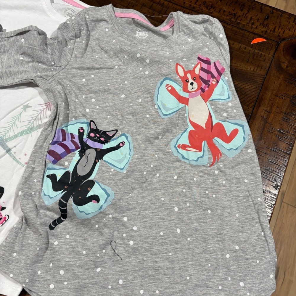 Wonder Nation Kids Girls XL 14-16 2 Piece Shirt Set Gray Cat Dog Snow Angels